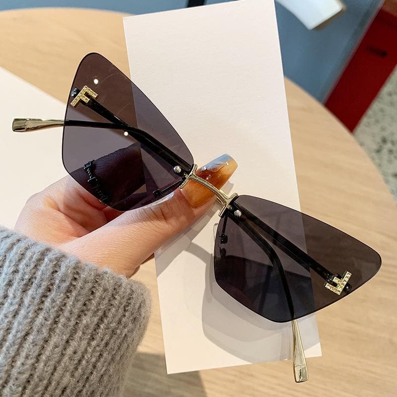 New Letter F Diamond-set Cat Eye Sunglasses For Women High-end Frameless Edge-cut Metal Sunglasses 90317