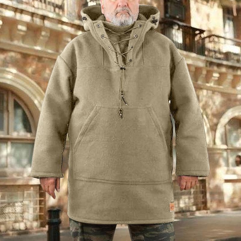 Men Fashion Warm Wool Hoodie Pullover Viking Lace Up Thicken Anorak Medieval Coats Cosplay Costume XL khaki