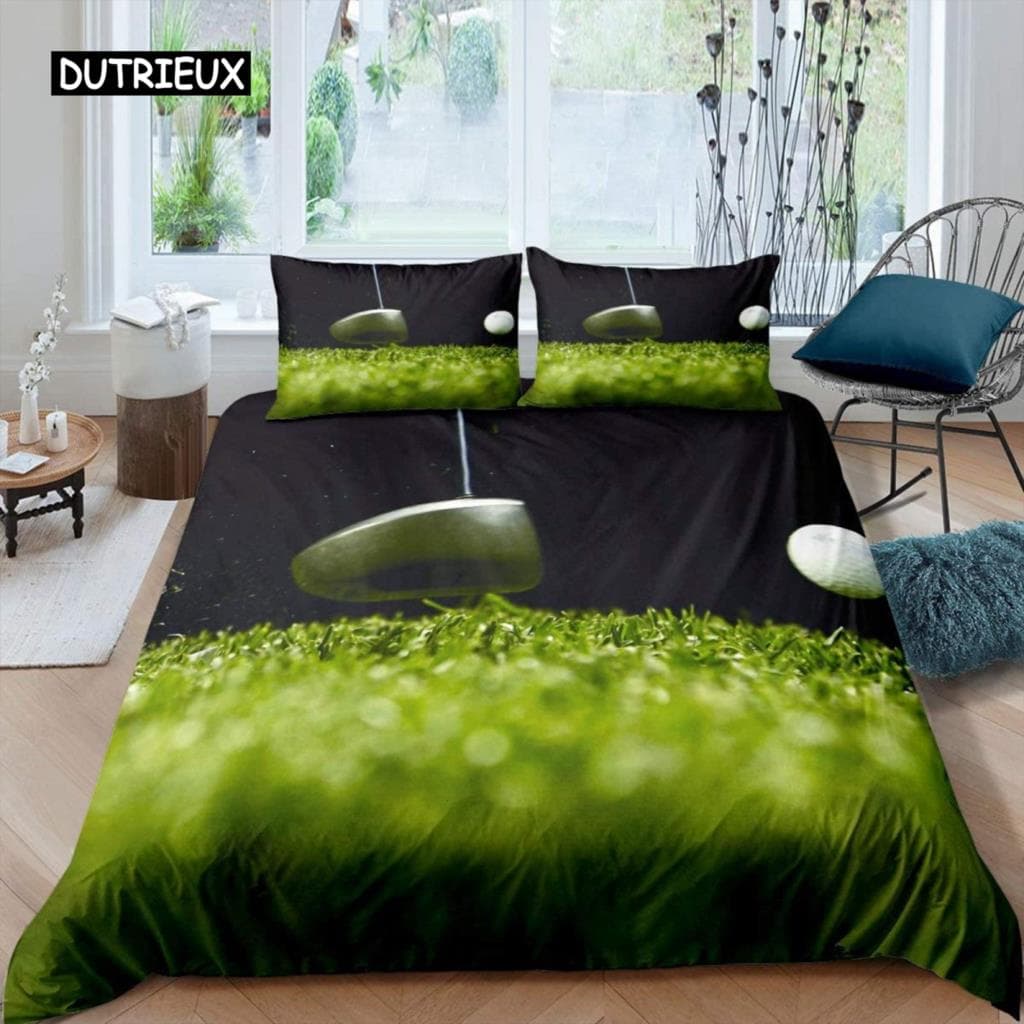 Golf Duvet Cover Set Golf Club Athlete Twin Bedding Set Microfiber Grass Leaf Branches Sports Game Theme Double King Quilt Cover 150x200cm 3pcs