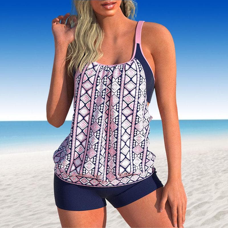 Women's Swimwear Tankini 2 Piece Swimsuit Dark Blue Granular Stripes Print Vacation Bathing Suits 4XL dark blue