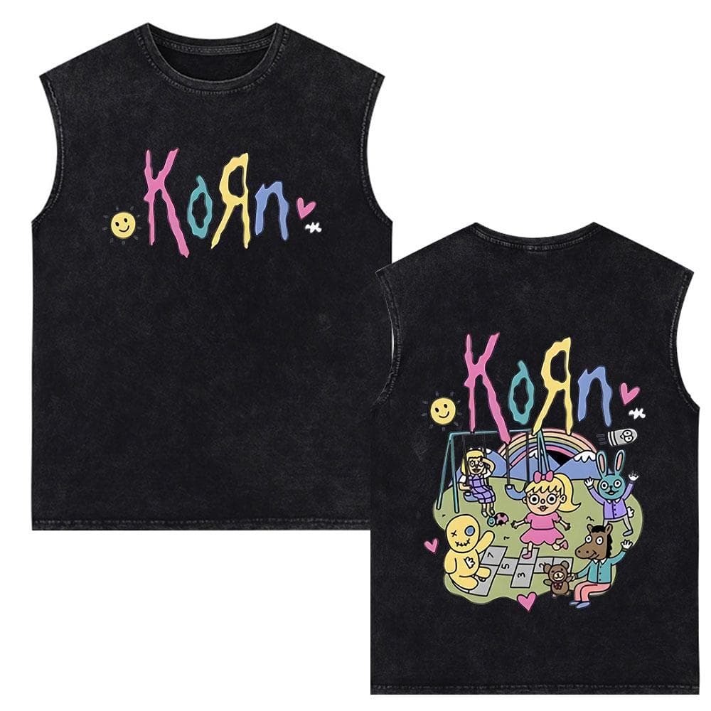 Korn Follow The Leader Rock Band Vintage Washed Tank Tops Men's Gothic Sleeveless Vest Cotton Oversized T-shirts S