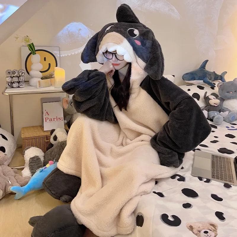 Winter Flannel Nightgown Hooded Warm Pajamas Bathrobe Kawaii Clothes Pajamas Extra Large Thickened Home Wear Korean Style Nightgown M