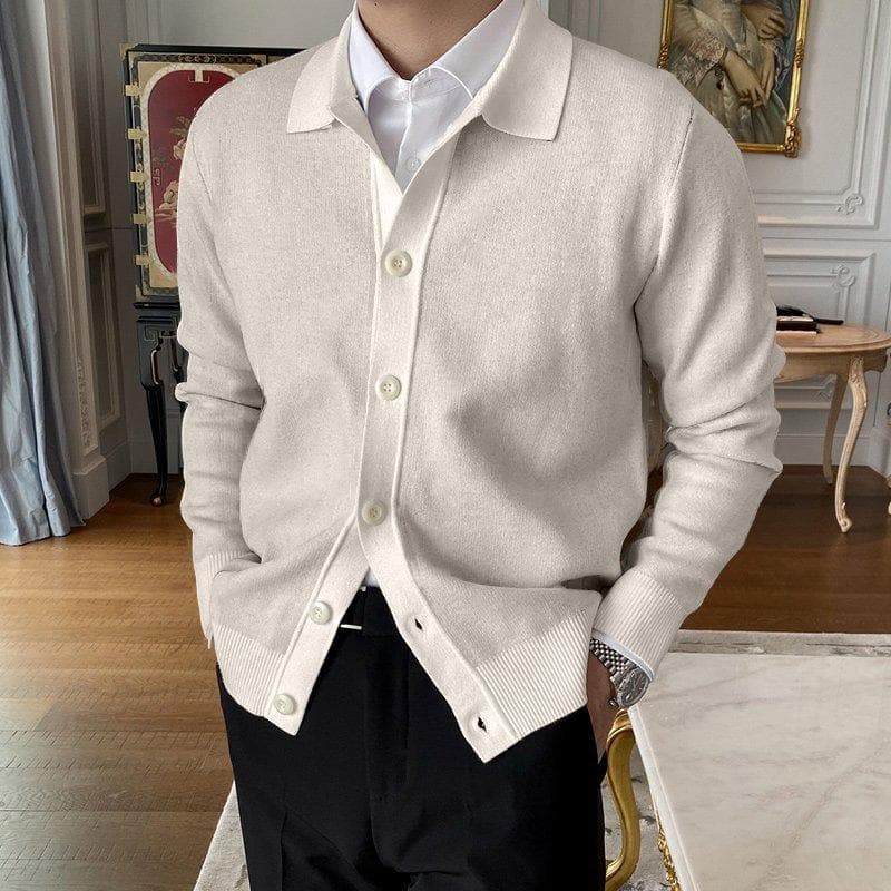 2024 Spring Autumn New Cotton Knitted Cardigan Slim Long Sleeve Button Korean Men's Fashion Lapel Sweater Simple Casual Coat 2XL apricot