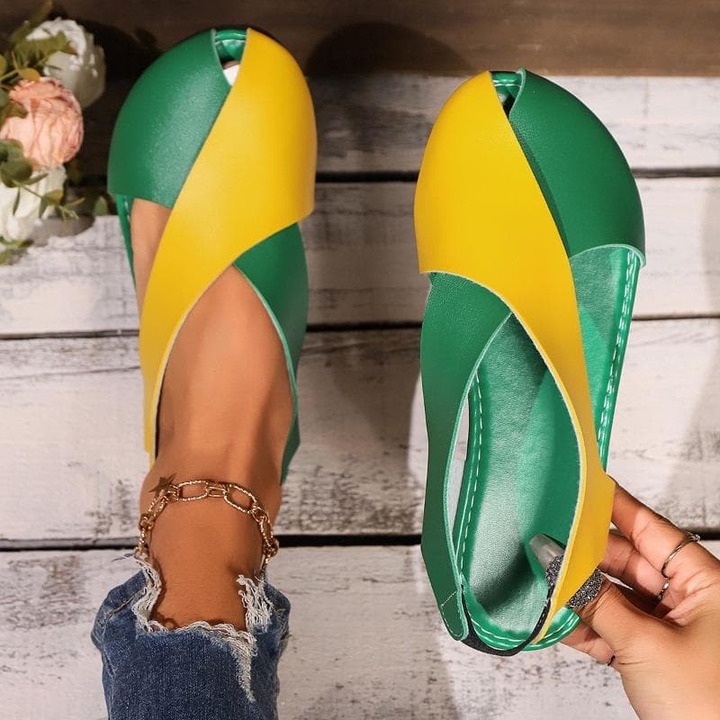 Sandals Women's Bag Side-open Flat Shoes Cross Soft Leather Elastic Band Flip-flops 36 green/yellow