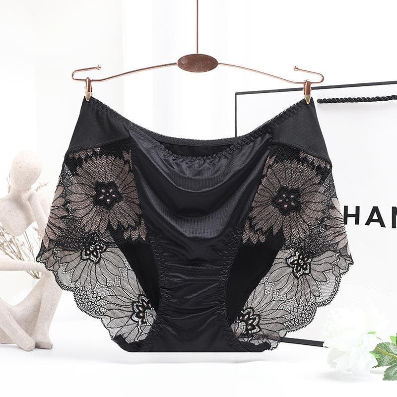 Women Lace Flowers Panties Sexy Hollow Temptation Silk Breathable Underwear Tummy Mid Waist Butt Lift Briefs Intimate Panty M