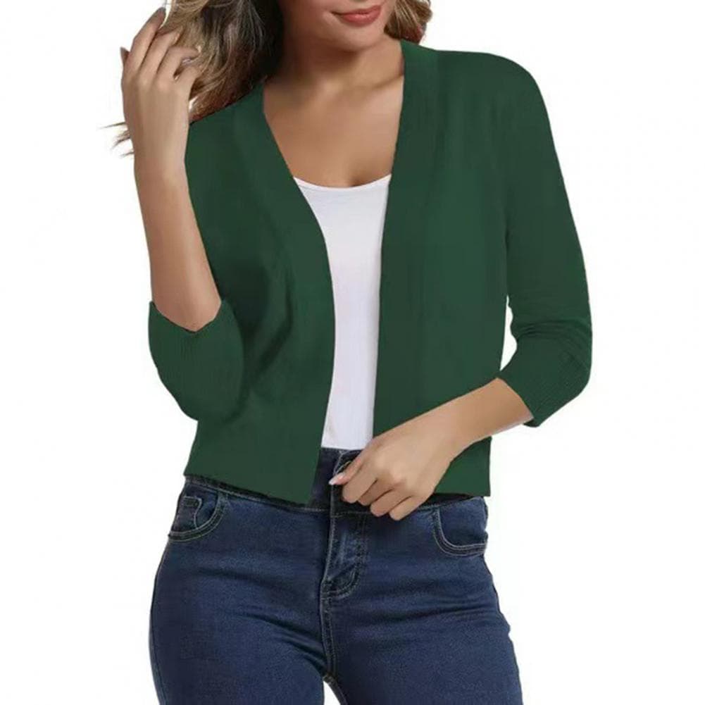 Women Knitting Cardigan Collarless 3/4 Sleeve Short Knitting Jacket Solid Color Open Stitching Knitted Outerwear XL green