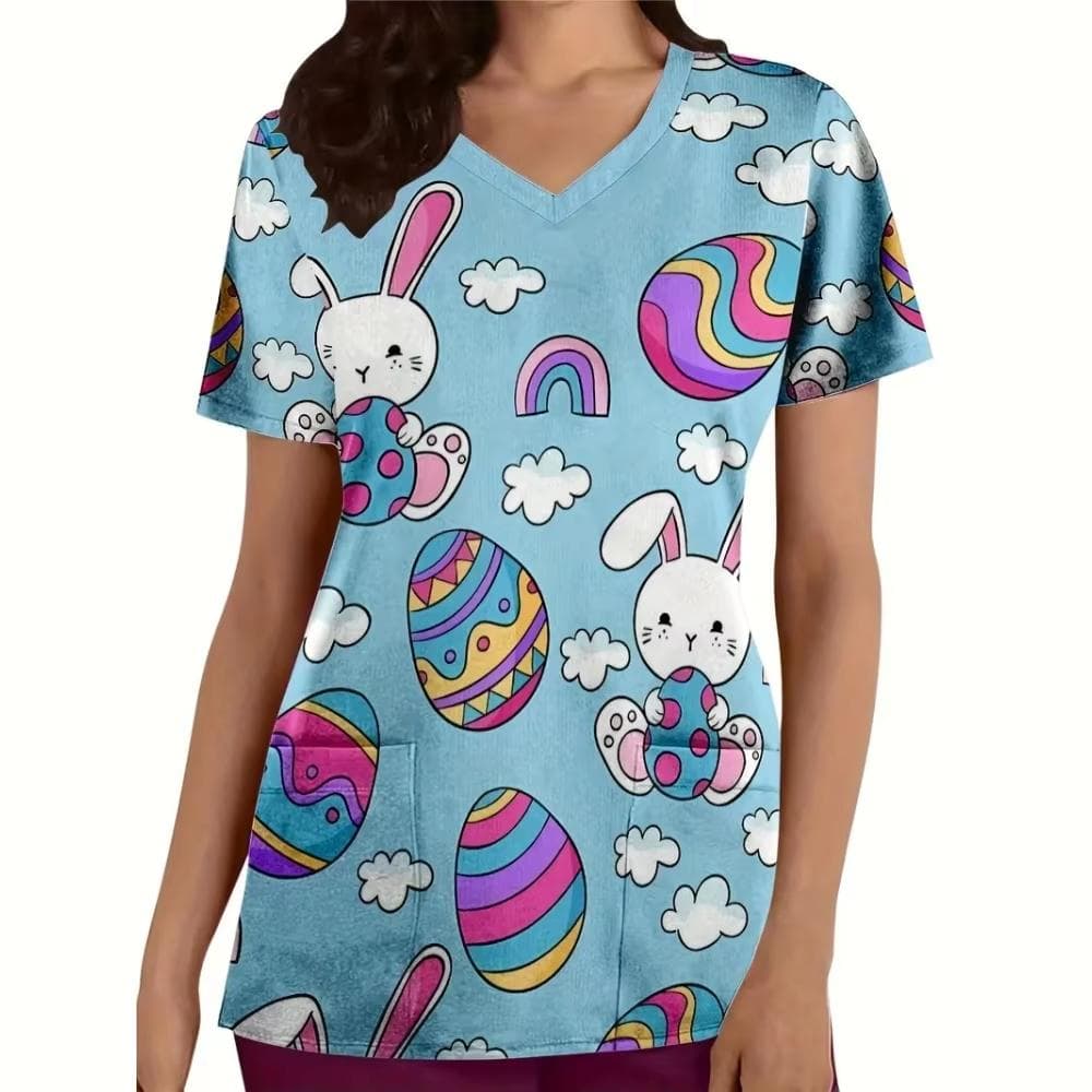 V-Neck Pocket Women Nurse Uniform Cartoon Rabbit 3d Print Medical Nursing Scrubs Female Working Tops Uniforme Hospital New 2025 8XL