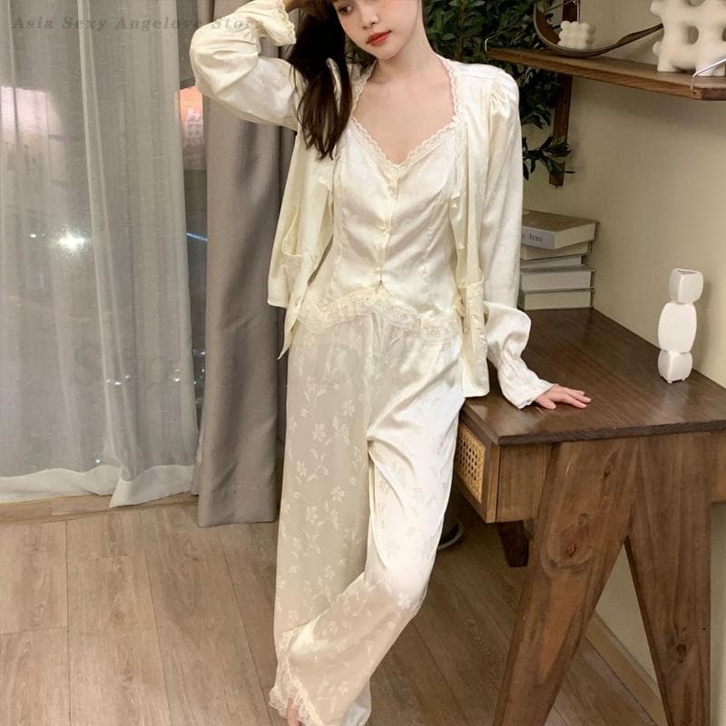 Spring Autumn Satin Pajamas Women's New Sleepwear 3PCS Sexy Lace Printed Home Clothes Suspender Sling Long Sleeved Pants Pijamas XL