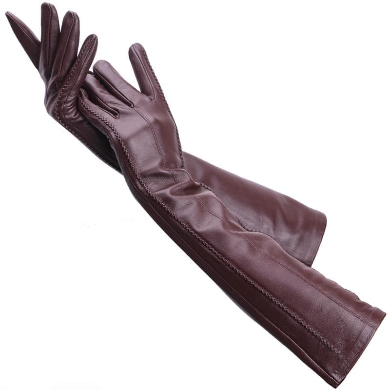 High Quality Ladies color Lambskin Leather Gloves length 47cm Winter Warm Fashion long gloves 7 burgundy