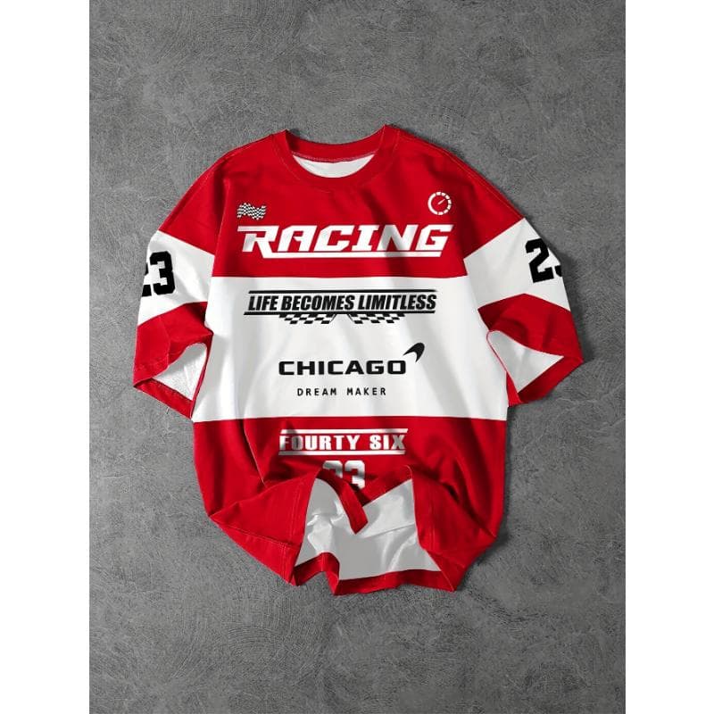 Men's Racing Theme Plaid Flag Pattern Letter Print T-shirt,Round Neck Short-sleeved T-shirt,Summer Outdoor Fashion 5XL