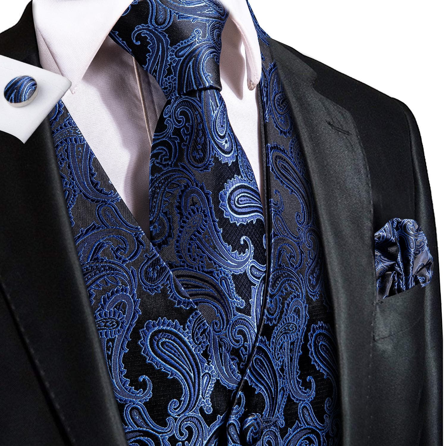 Hi-Tie Tuxedo waistcoat for Men Suit Vest Necktie Handkerchief Cufflinks Set for Wedding Business 3XL