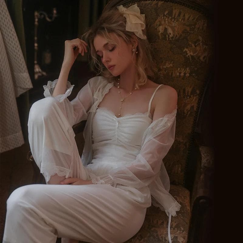 Pajamas, Women's Sexy Solid Color Suspender Tops, Autumn and Winter Mesh Lace Casual Three-piece Pajamas for Women L