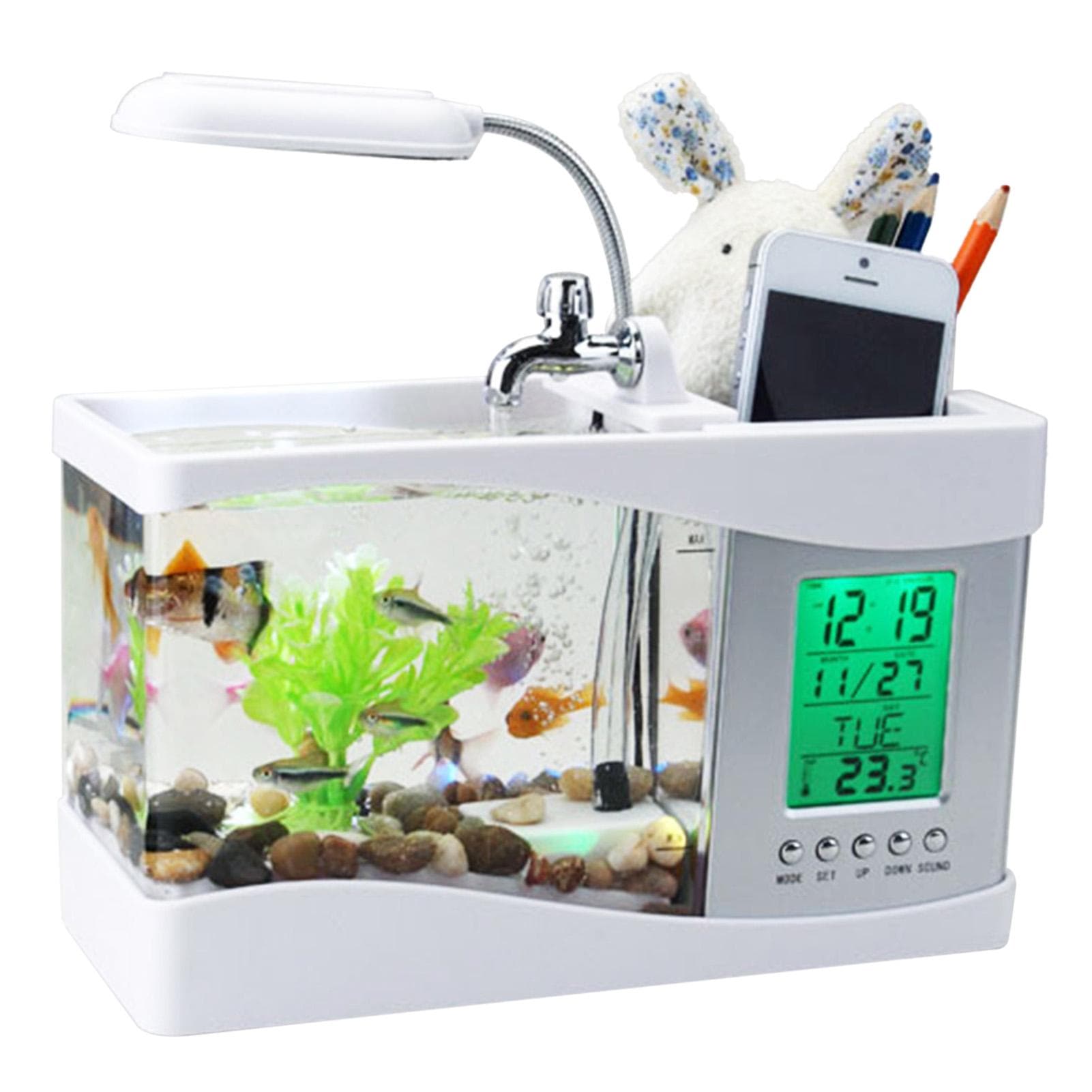 Fish Tank Clock Multifunctional USB Ecological Lamp Desktop Fish Tank Aquarium Calendar for Office white