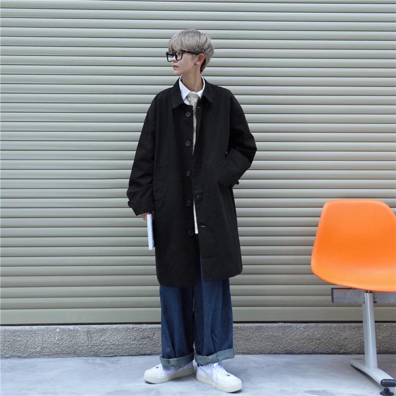 Men's Trendy Casual Windbreaker Jacket - Spring/Autumn, Mid-Length, Hong Kong/Japanese/Korean Style, Sporty, Handsome, Loose Fit. M black