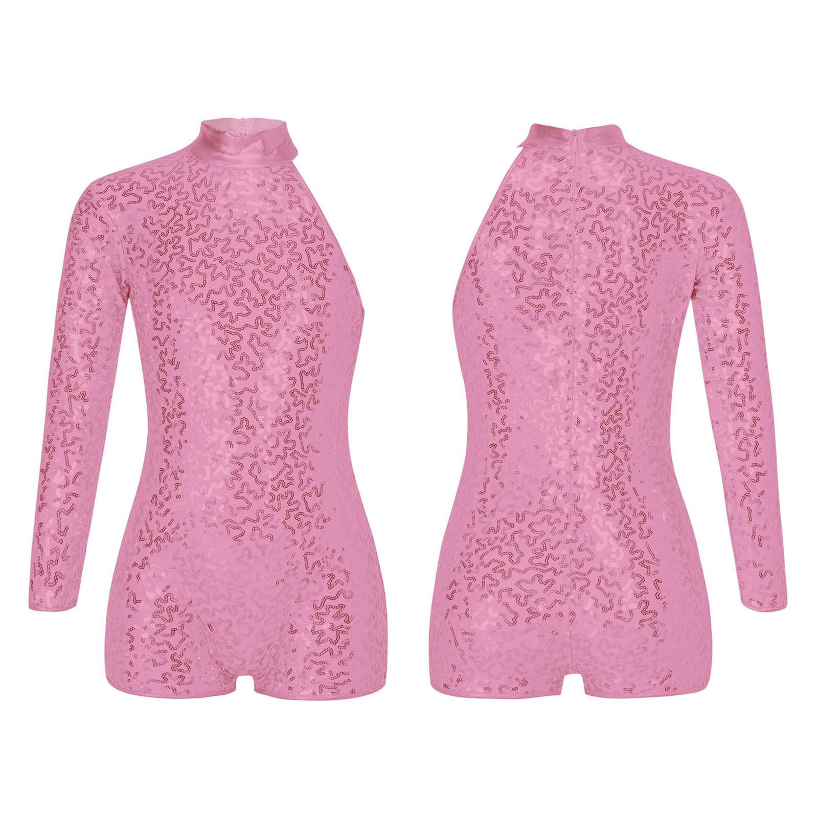 Kids Girls Single Long Sleeve Gymnastics Leotard Sequins Ballet Dance Unitards Short Jumpsuit 7-8 Years pink