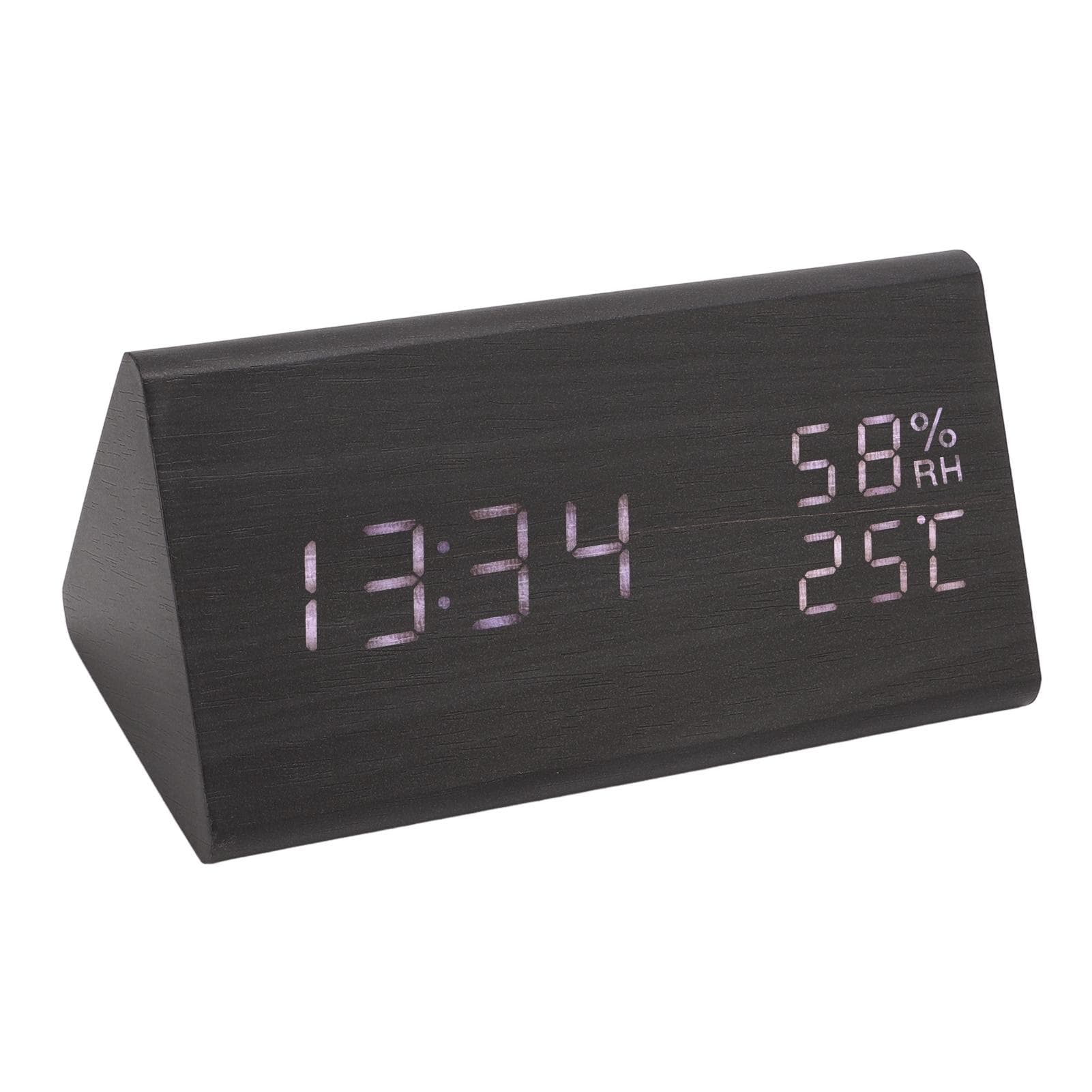 Digital Alarm Clock Regulable Brightness Temperature Humidity Display Black Wood White Light LED