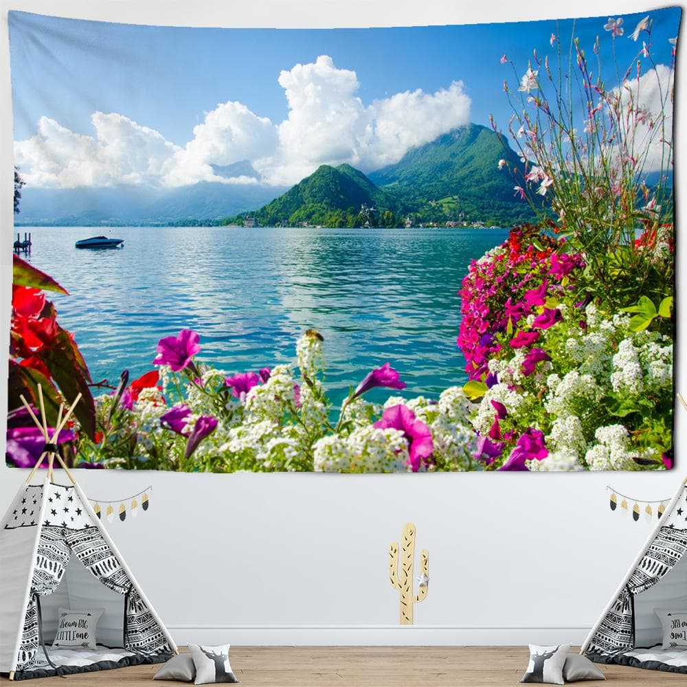Mountain And Stone Tapestry Wall Hanging Natural Scenery Sailboat Bohemian Hippie Table Mat Bedroom Home Decor 95x70CM