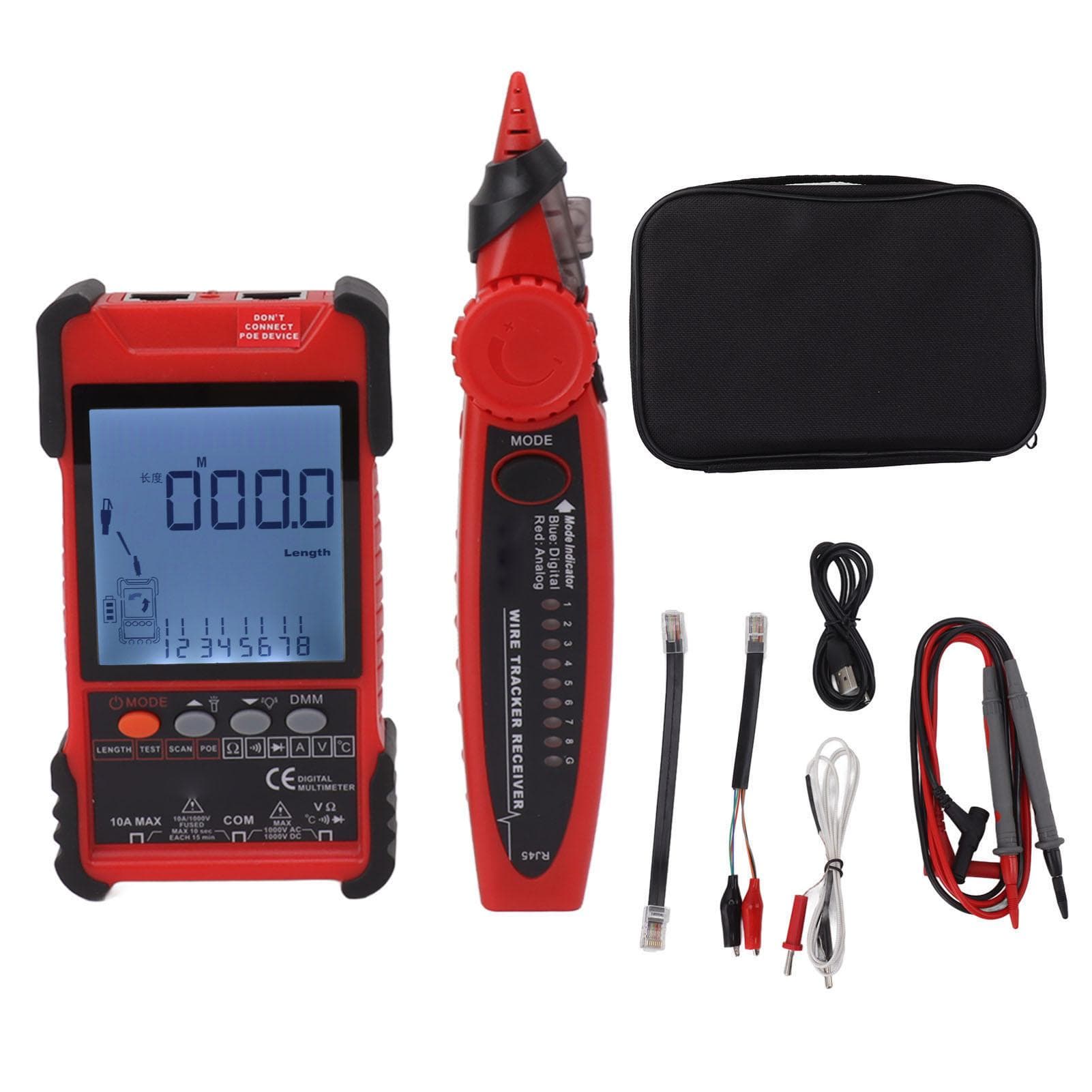 2 in 1 Network Cable Tester Digital Multimeter LCD Screen Network Wire Finder Kit for Metal Cable red