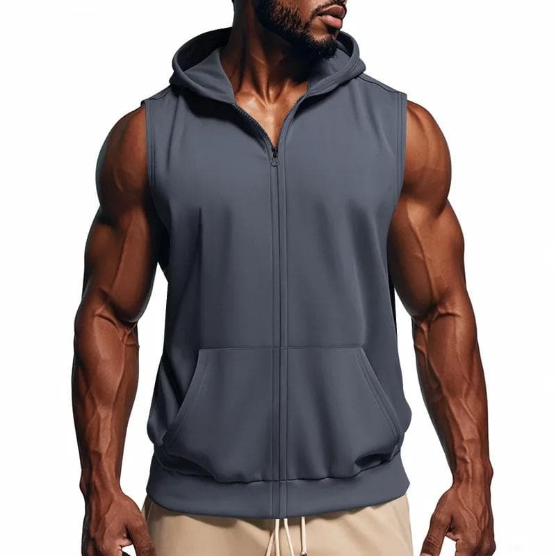 Men's Summer Hooded Zipper Vest Casual Fitness Tank Top Trendy Open Cardigan Sports Vests M dark grey