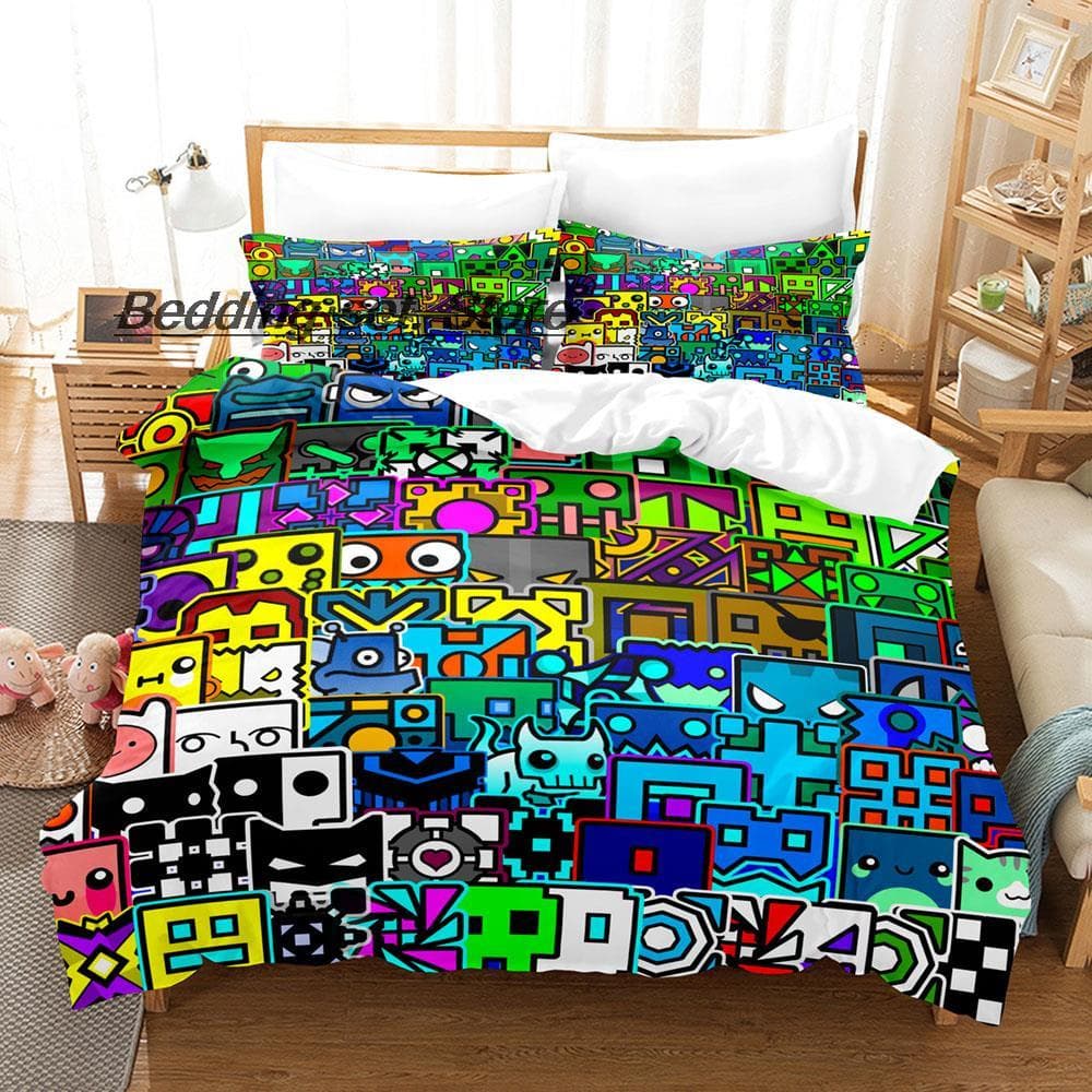 Angry Geometry Dash Bedding Set Single Twin Full Queen King Size Bed Set Game Bedroom Duvetcover Sets Anime Bed Sheet Set 140x200cm 3pcs