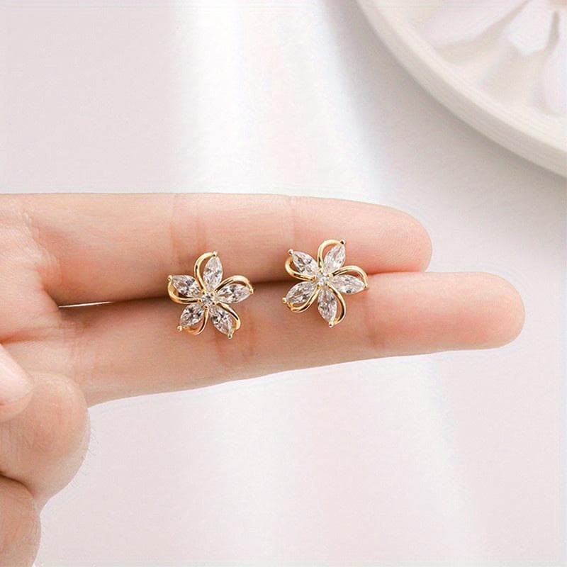 Exquisite Flower Design With Shiny Zircon Decor Stud Earrings Sexy Cute Style Copper Jewelry For Women gold