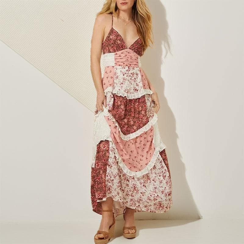 Spring New Women's Vacation Style Hollow Slim Deep V Ruffled Floral Backless Dress 3XL