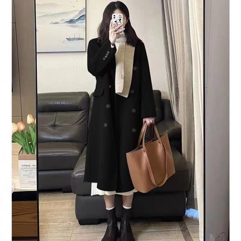 Hong Kong Style Solid Color Mid-length Woolen Windbreaker Coat for Female Students Autumn and Winter Korean Style Hepburn Style Loose Warm Coat 2XL