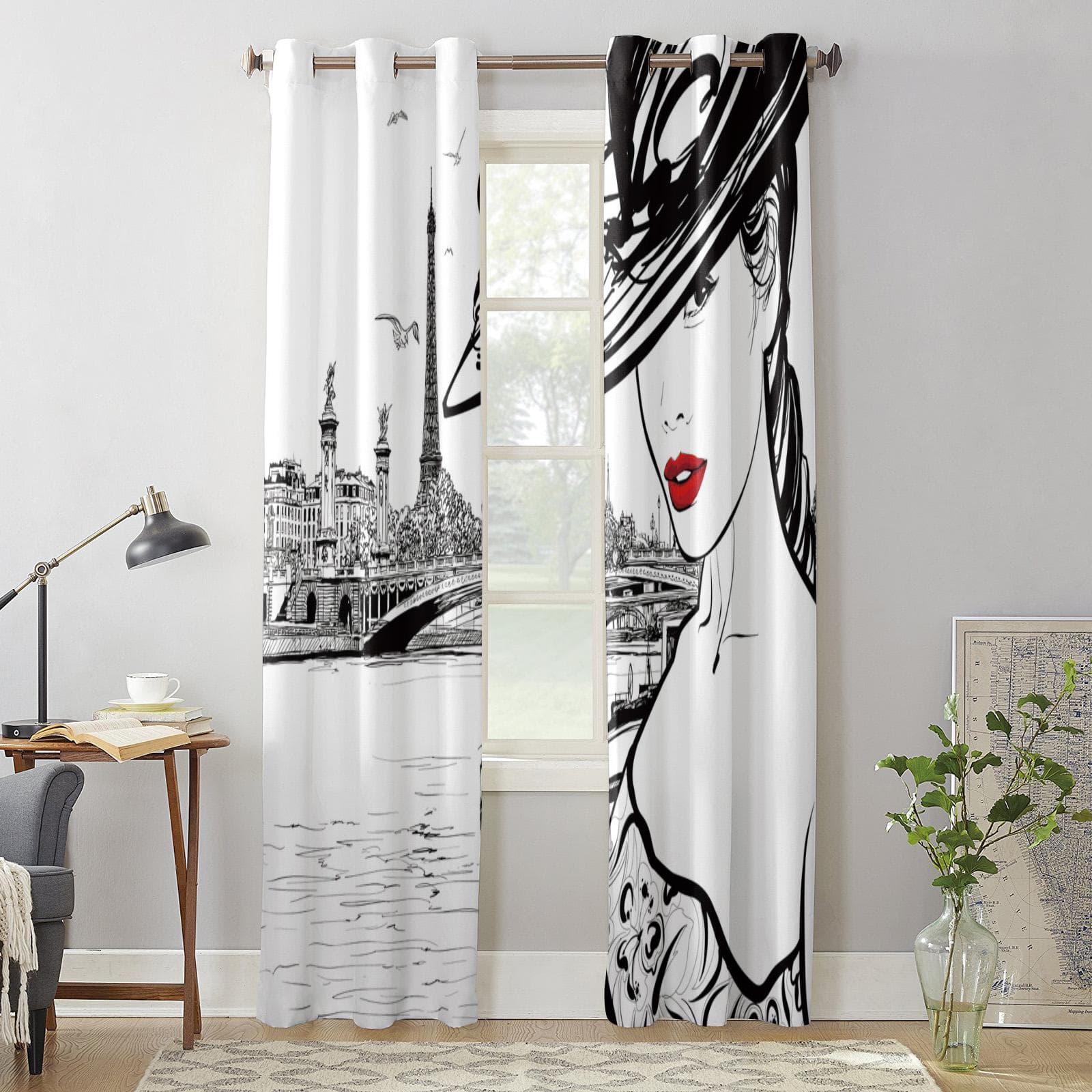 Paris Seine Woman Eiffel Tower Red Lips Paris Windows Curtains Living Room Bedroom Window Treatments Household Kitchen Curtains 135W x 60H(cm) x1