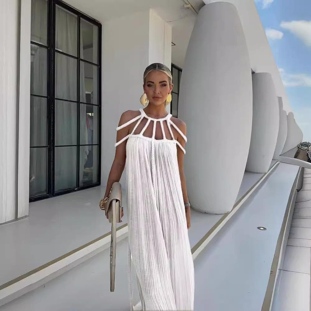 Solid Halter Harajuku Maxi Dresses Women Backless Chic Sleeveless Long Dress Female Loose Beach Vacation Party Robe One Size white