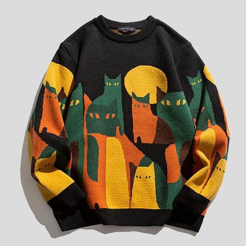 Mens Women Pull Knitted Sweater With Cats Sweatshirts Y2K Clothes Pullover Long Sleeve Winter Jumper Knit Fleece Sweater For Men XL black