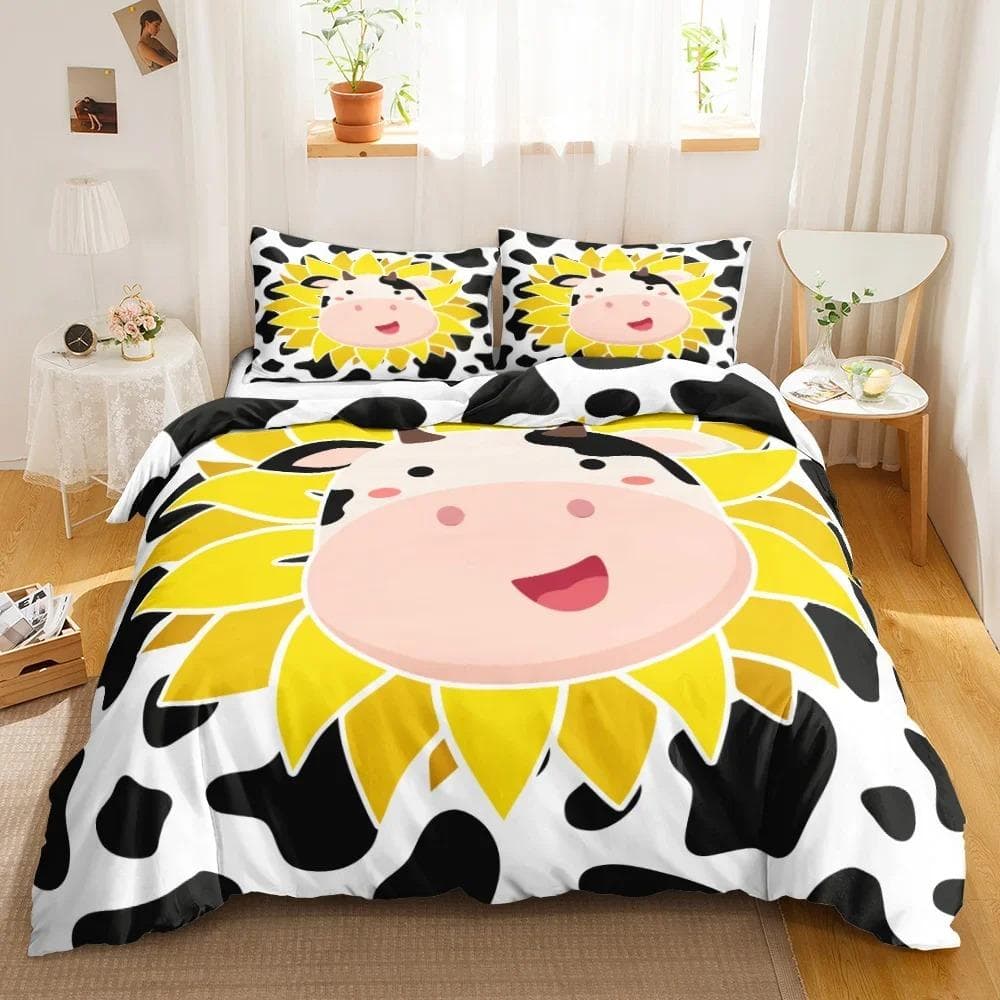 Cow Print Duvet Cover Animal Cow Doodle Cartoon Drawing Farming Husbandry Sunflower Polyester Bedding Set Twin Queen King Size 70x133cm 2pcs