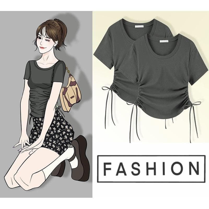 Women's Summer Design with Short-sleeved Shoulders, Short-sleeved Niche Hot Girl Slim and Irregular Drawstring Top XL