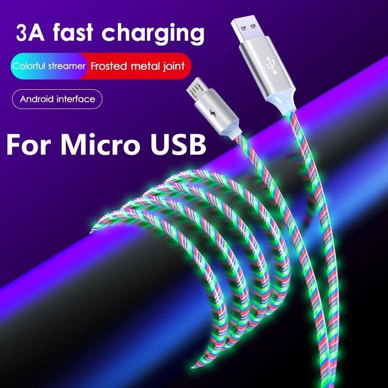 2.4A Flowing Colors LED Glow USB Charger Type C Cable for Android Micro USB Charging Cable for iPhone 11 12 pro max Samsung Charge Wire Cord Micro USB-2M