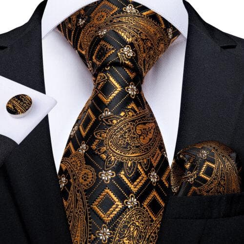 DiBanGu Mens Silk Necktie Set Striped Paisley Solid Tie Pocket Square Cufflinks N-7298