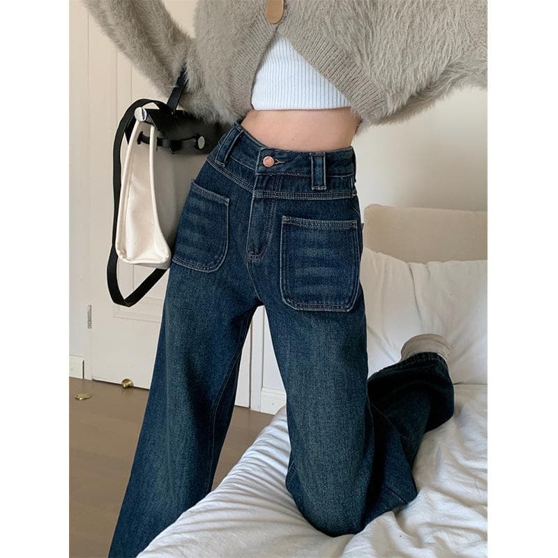 Retro Dark Blue Straight Wide-leg Jeans for Women In Spring and Autumn New High-waist Drooping Casual Floor-moving Pants XL blue