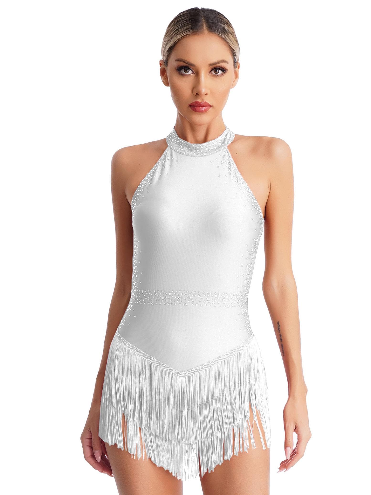Women Latin Tango Salsa Dance Costume Tassel Dance Leotard Halter Sleeveless Dancewear Backless Fringe Bodysuit M white