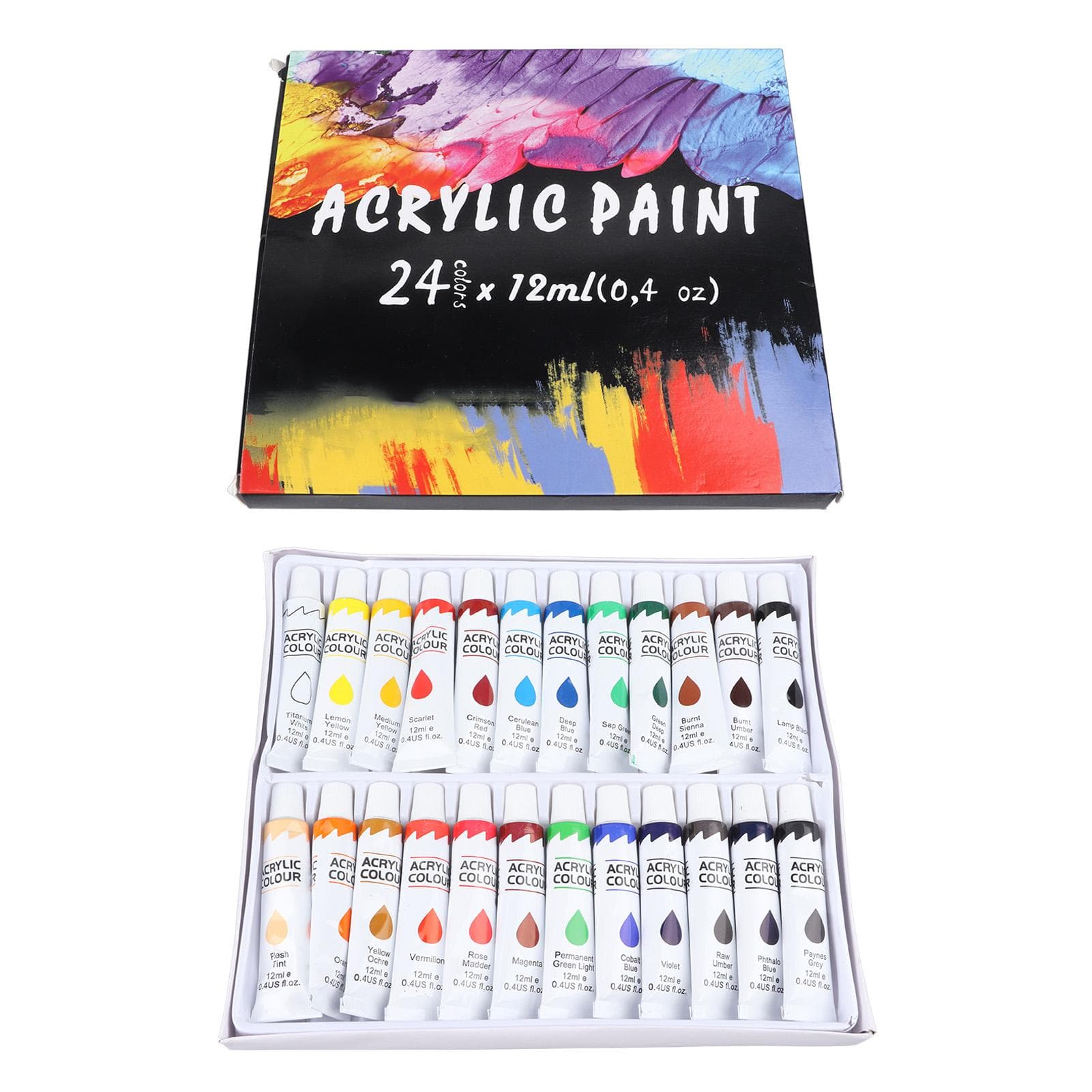 24Pcs Acrylic Paint 12ml Tube Vibrant Colors Box Packed Safe Kids Acrylic Paint Set for Children