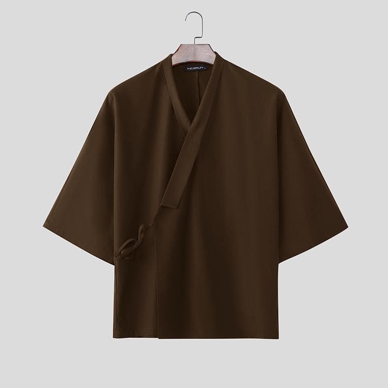 INCERUN Men V Neck Half Sleeve Side Lace-up Casual Loose T-shirts Tops 5XL brown