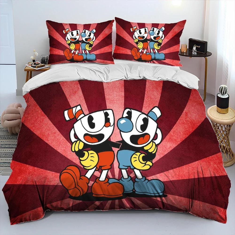Cuphead and Mugman,Game Gamer Comforter Bedding Set,Duvet Cover Bed Set Quilt Cover Pillowcase,King Queen Size Bedding Set Boys EU single(135x200cm)
