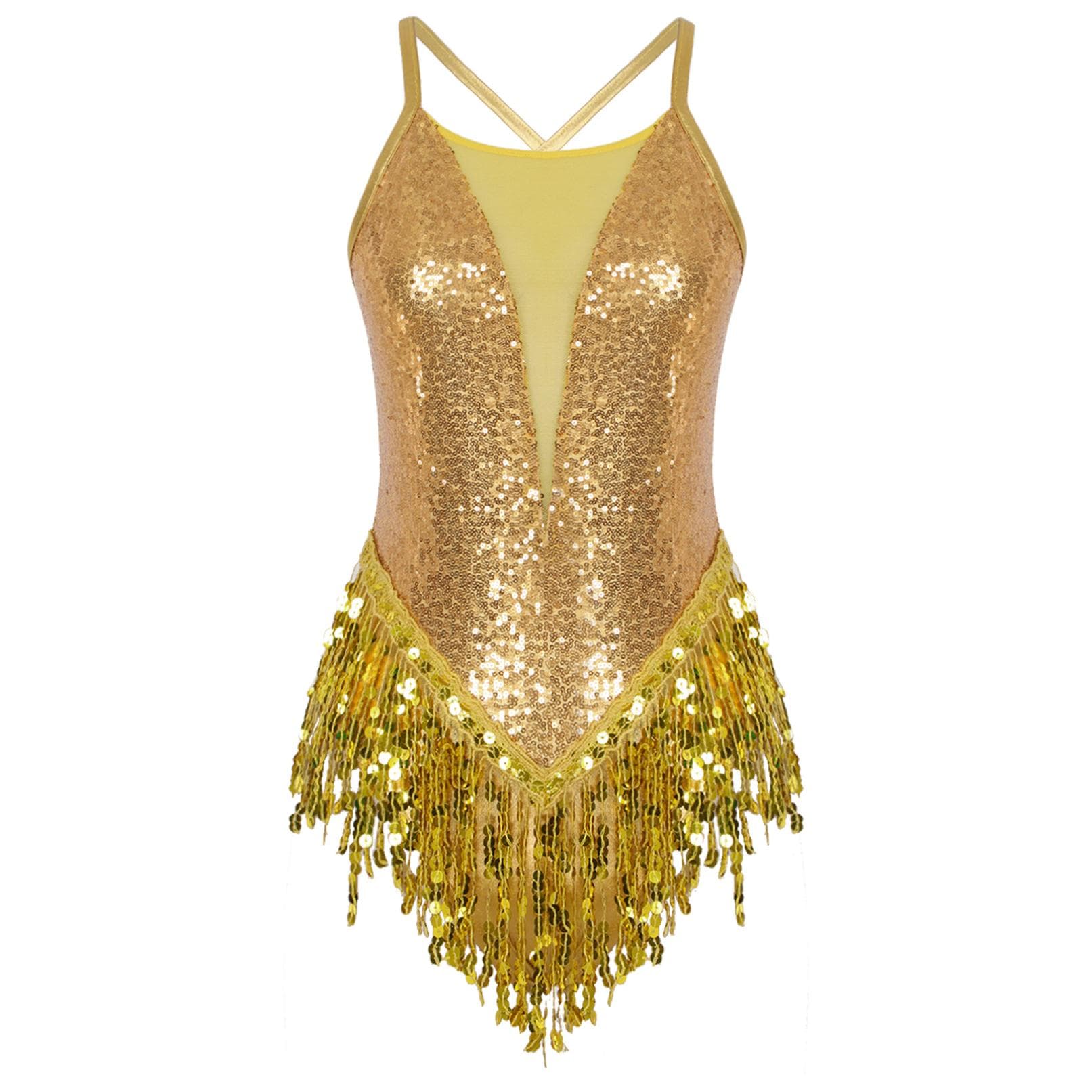 Women Dance Dress Sparkling Sequins Fringed Leotard Latin Salsa Ballroom Dancing Bodysuit L gold