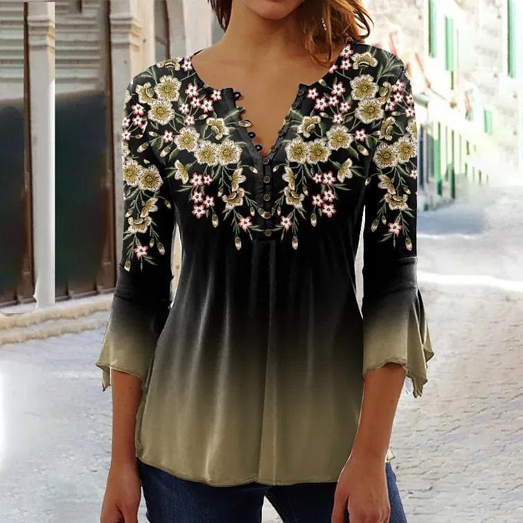 YYFS Women's Fashion Casual Summer Spring Flower Pattern Print 3/4 Sleeves V-Neck Blouses & Shirts XXXXL yellow/black