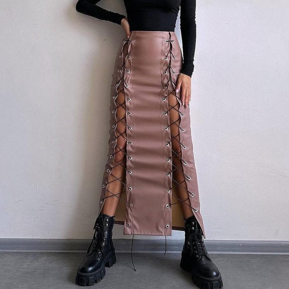 Women's Spring PU Leather Sexy Solid Color Slit Lace-up Hip Skirt Slim Skirt S