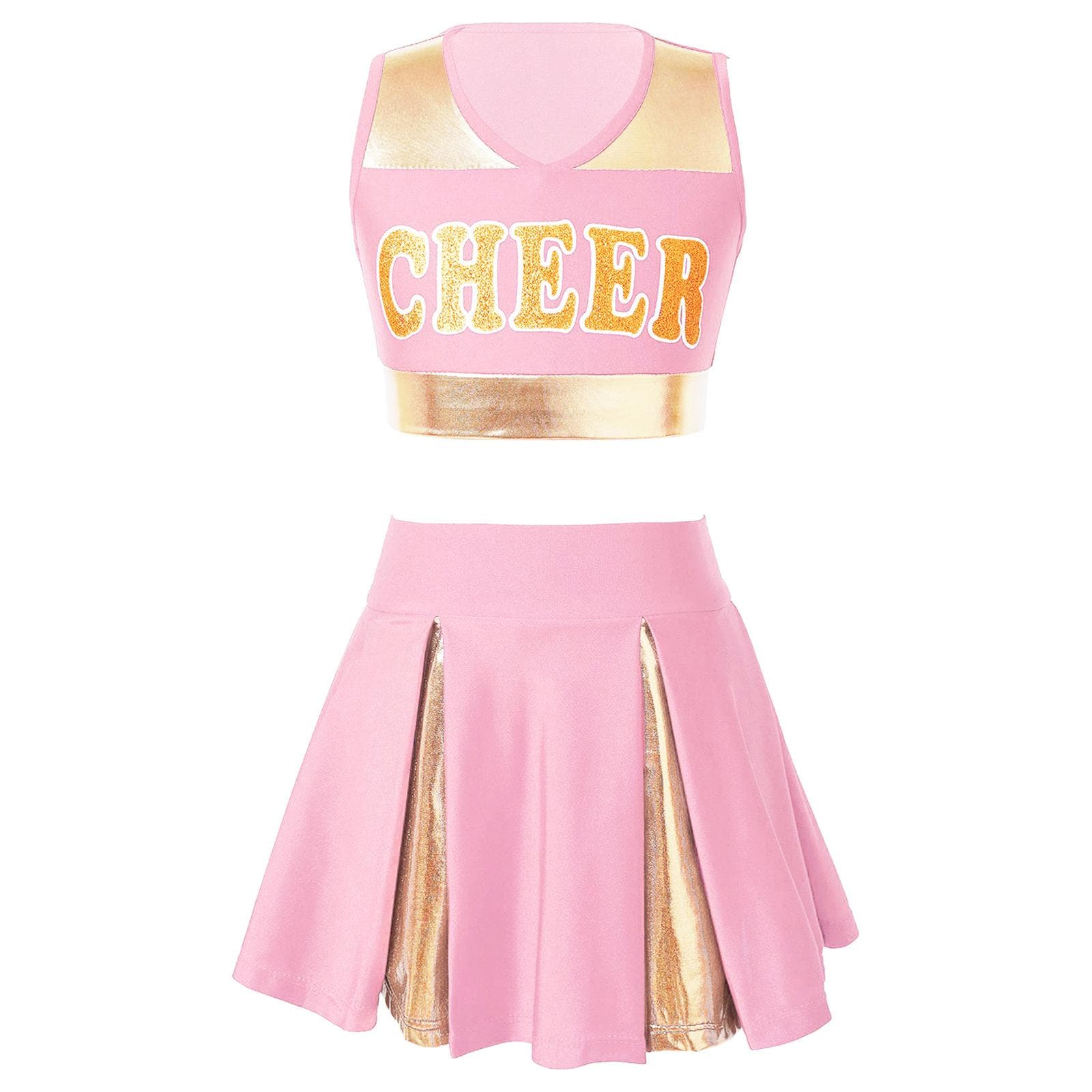 Girls Cheerleading Dance Set Patchwork Crop Top V Neck Letter Print with Elastic Waist Skirt 9-10 Years light pink