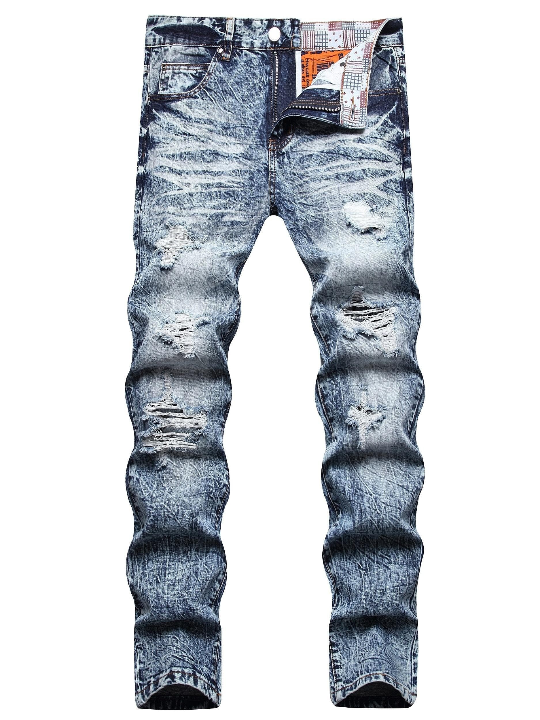Men's Cotton Blend Ripped Distressed Jeans, Chic Street Style Slim Fit Bottoms For Men, All Seasons 42 blue