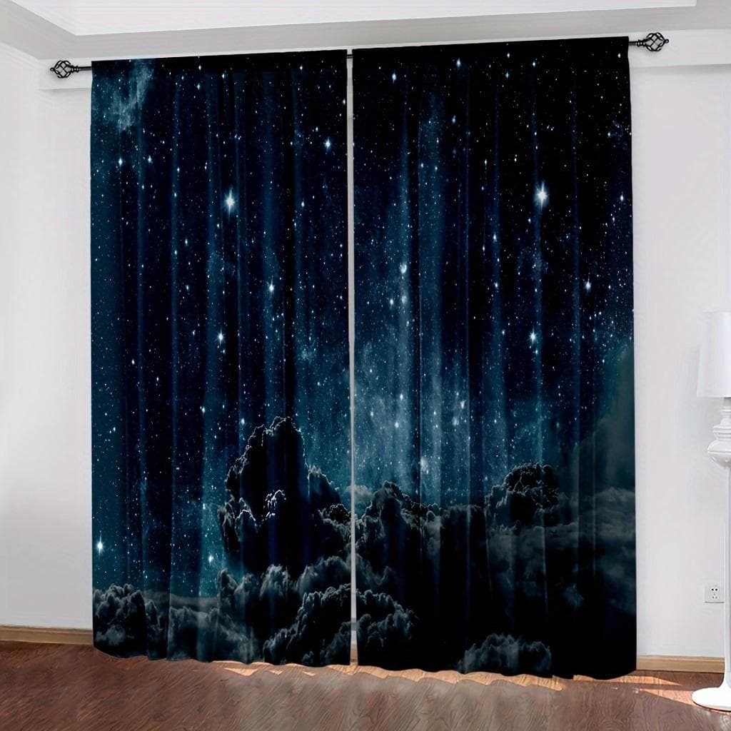 2pcs Galaxy Shining Stars Curtains,Rod Pocket Outer Space Starry Sky Star Printed Curtains,Window Drapes For Living Room Kitchen W110X240H(cm)x2Pcs&Hook