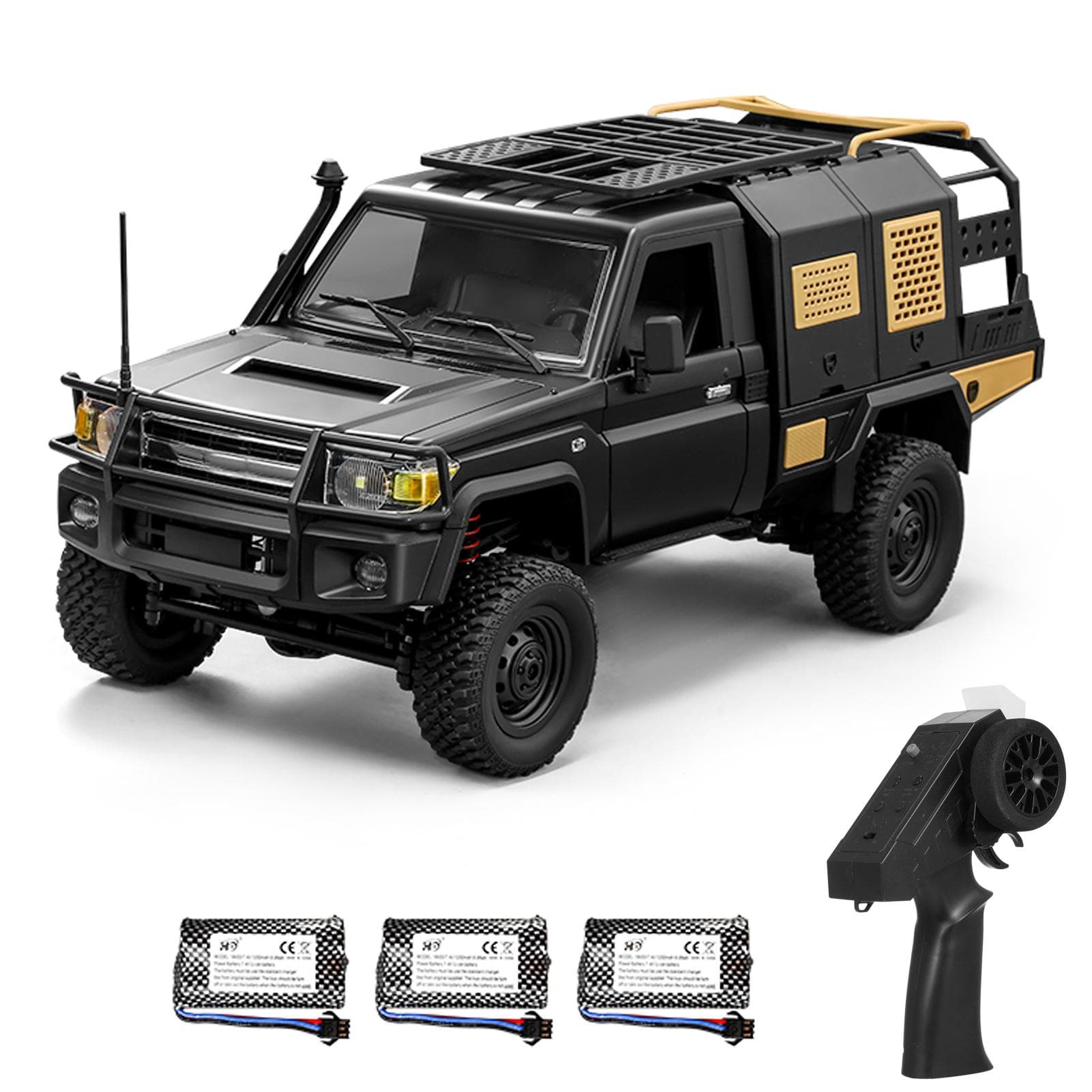 Remote Control Car, 2.4GHz 4WD Off Road Rock Crawler Vehicle with Lights and 3 Batteries, 1:12 3 battery black