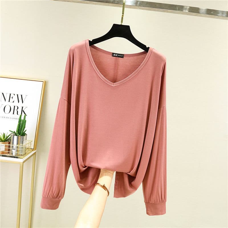 Slim Long Sleeve Bottom Shirt Solid Large Fit Versatile V-neck Top Spring and Summer 2XL pink
