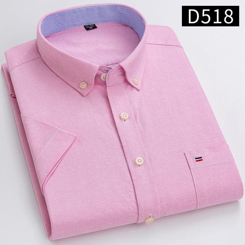 Men's Classic Solid Color Striped Short-sleeved Oxford Front Pocket Cotton Shirt 44 pink