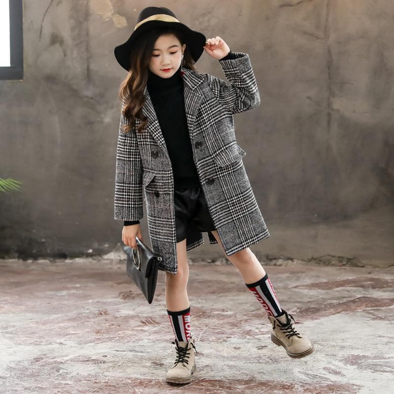 Kids Girl Overcoat Winter Houndstooth Wool Coat for Girls Teen Autumn Jacket Warm Outerwear Baby 160cm grey