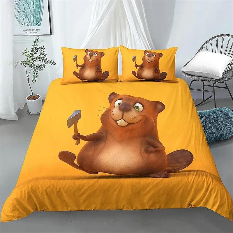 Cartoon Beaver Duvet Cover King Queen Funny Lovely Animal Bedding Set Kids Girls Wildlife Polyester Comforter Cover Pillowcase 150X200cm-3pcs